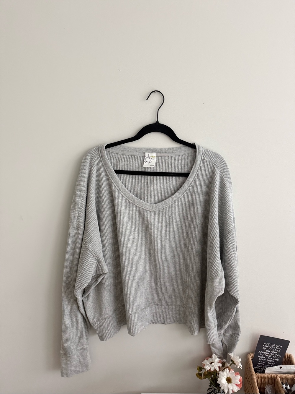 Aerie Light Gray Waffle Knit V-Neck Pullover
